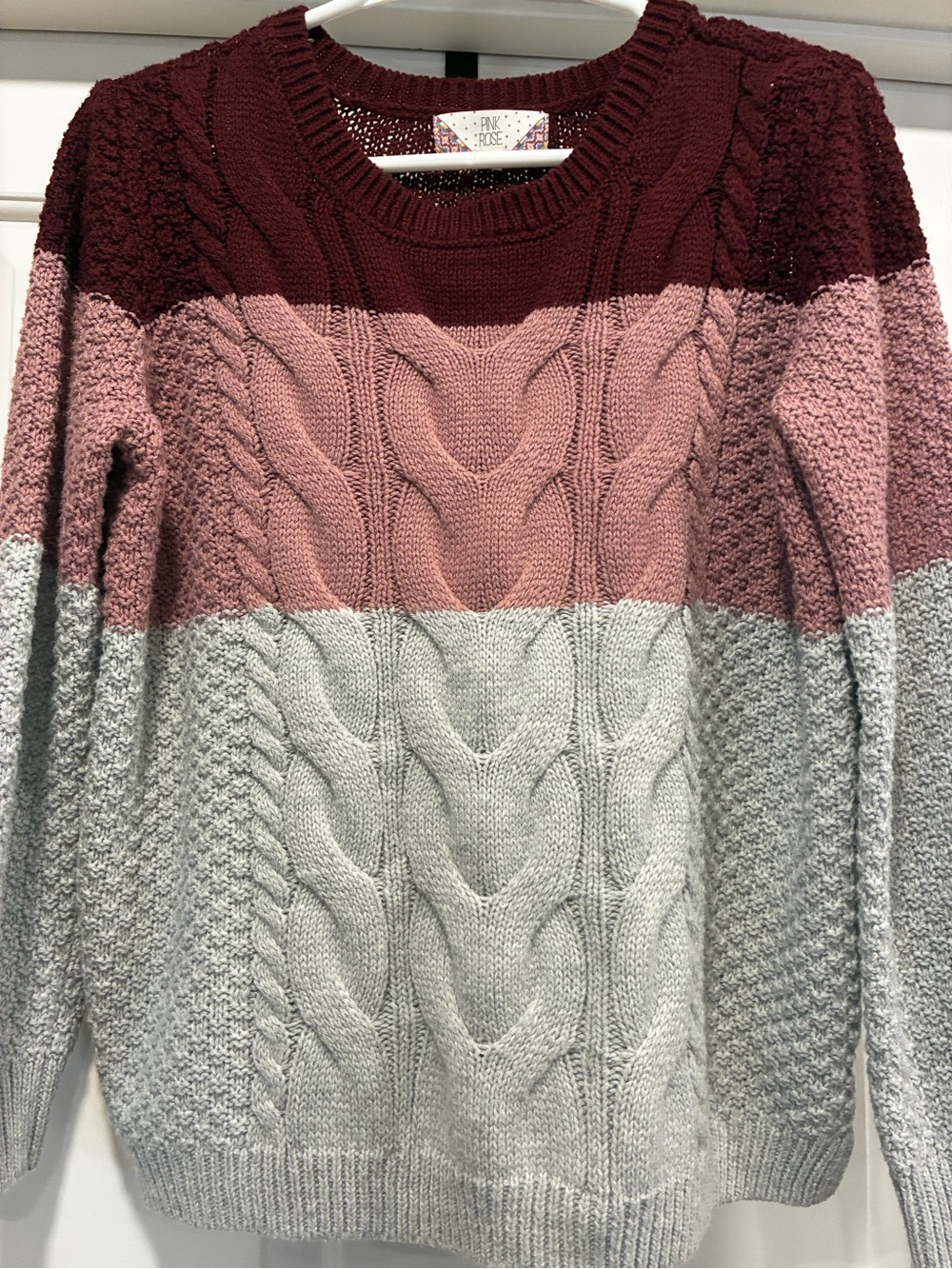 Pink Rose Burgundy, Dusty Pink & Light Gray Cable Knit Sweater